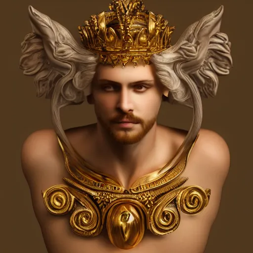 Image similar to portrait of a radiant greek mythology god, jewelry, crown, confident, handsome, stunning, dramatic lighting, detailed, very realistic, trending on Artstation, Cgsociety