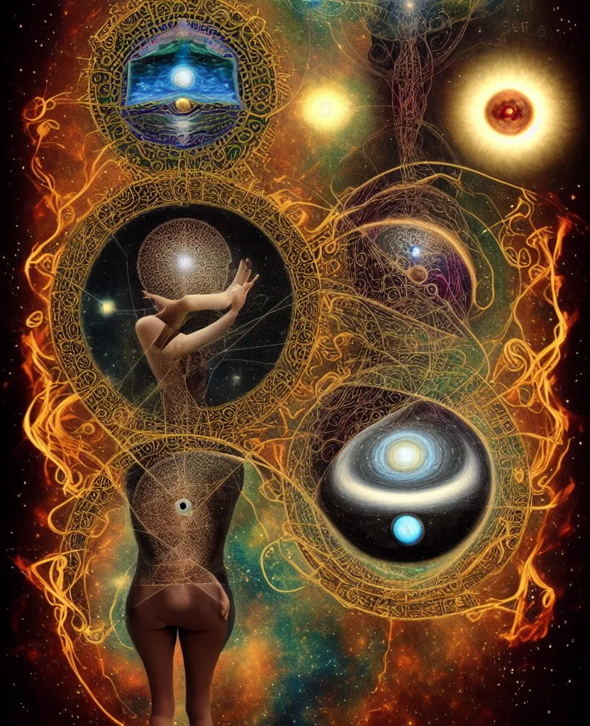 Image similar to inside the universe of a human body soul, whimsical uncanny creature alchemizes unique canto about'as above so below'being ignited by the spirit of haeckel and robert fludd, breakthrough is iminent, glory be to the magic within, to honor jupiter, surreal collage by ronny khalil