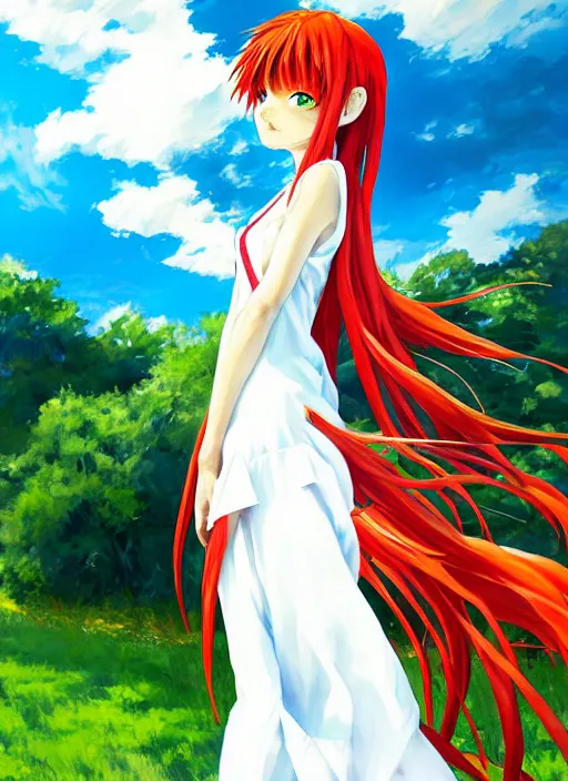 Prompt: portrait of Asuka Soryu Langley from Neon Genesis Evangelion with long wavy red hair in a white dress, countryside, calm, fantasy character portrait, dynamic pose, above view, sunny day, thunder clouds in the sky, artwork by Makato Shinkai and Giuseppe Dangelico Pino and Michael Garmash and Rob Rey, very coherent asymmetrical artwork, sharp edges, perfect face, simple form, 100mm