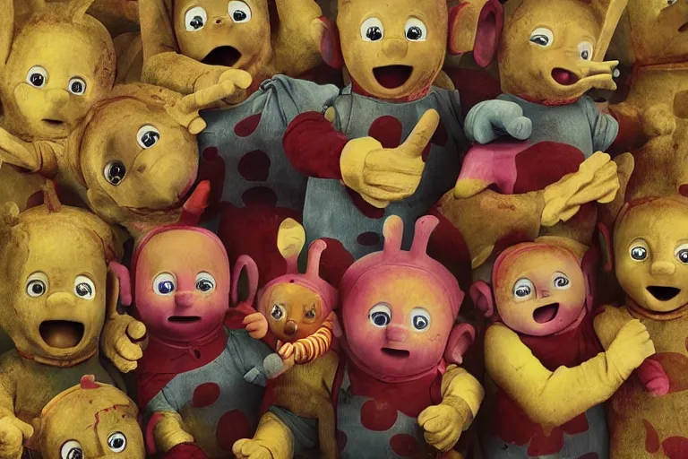 Image similar to teletubbies horro movie, saw teeth, red eyes, macabre, grotesque, greg rutkoswki, artwork, masterpiece