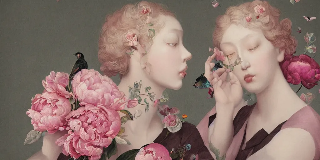 Image similar to breathtaking detailed concept art painting blend of pink short hair goddesses of peonies by hsiao - ron cheng with anxious piercing eyes, vintage illustration pattern with bizarre compositions blend of flowers and fruits and birds by beto val and john james audubon, exquisite detail, extremely moody lighting, 8 k