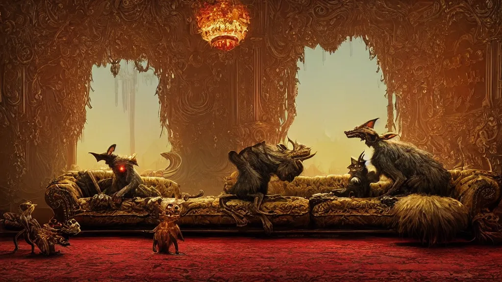 Image similar to a goblin sitting on an ornate victorian couch made out of fox fur, intricate, detailed, volumetric lighting, sharp focus, photorealism, digital painting, highly detailed, concept art, by roger dean and simon stalenhag and mark brooks