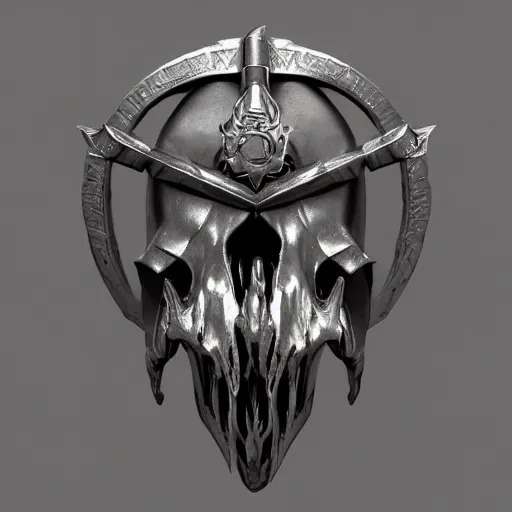 Image similar to a black sword skull crest, ornament, weapon, a 3 d render by dom qwek, studio lighting, front side view, trending on polycount, hard surface modeling, rendered in maya, 3 ds max, blender, artstation hd, vray