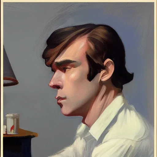 Image similar to a brown haired man with a 5 o'clock shadow, detailed, edward hopper, trending on artstation,