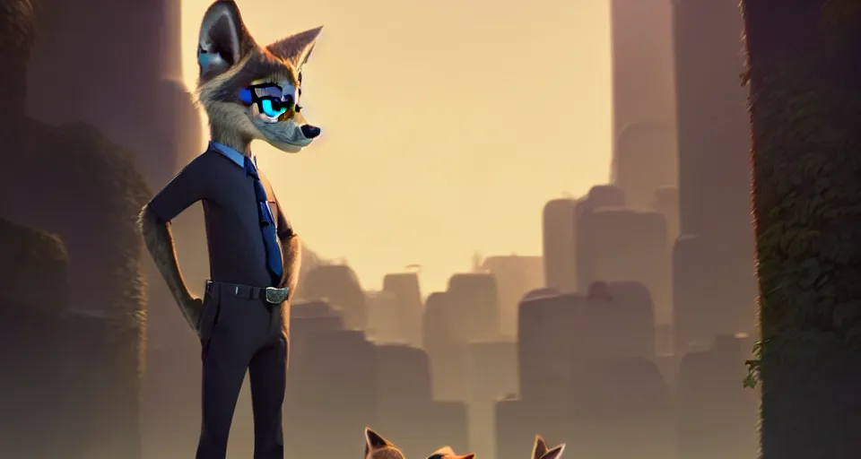 Image similar to a film still from zootopia main character portrait anthro anthropomorphic wolf security guard head animal person fursona pixar disney animation sharp rendered in unreal engine 5 anime key art by greg rutkowski bloom dramatic lighting modeling beginner render