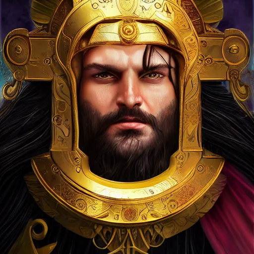 Prompt: the emperor of mankind, beautiful face, long black hair, a wreath on his head, digital painting, photo realism, super realistic detail