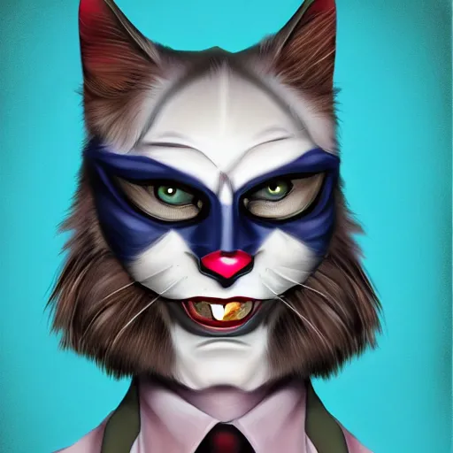 Prompt: graphic, hyperreal, portraiture illustration of a anthropomorphic handsome ragdoll cat wearing a joker mask and holding a blake, digital painting, trending on artstation