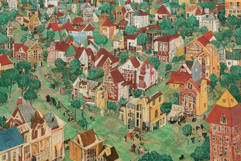 Prompt: an elaborate and dense painting of a peaceful neighborhood, detailed, made of alcohol ink on parchment and penned illustrations, by wes anderson and bosch and geoff darrow