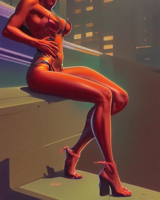 Prompt: a picture of a woman sitting on a ledge, cyberpunk art by boris vallejo and by syd mead and by hiroshi nagai, cgsociety, figurative art, airbrush art, made of liquid metal, synthwave