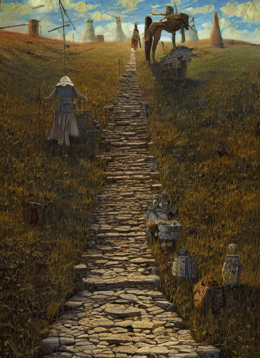 Image similar to the stairways to heaven in the steppe, in game pathologic 2, by jacek yerka, by levitan, oil on canvas, acrylic, digital art, royal academy, masterpiece, trending on artstation, cinematic composition, sharp, details, hyper - detailed, hd