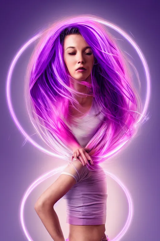 Image similar to a award winning half body portrait of a beautiful woman in a croptop and cargo pants with ombre purple pink teal hairstyle with head in motion and hair flying, surrounded by whirling illuminated lines, outrun, vaporware, shaded flat illustration, digital art, trending on artstation, highly detailed, fine detail, intricate