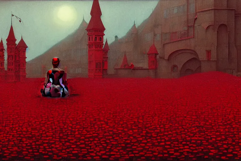 Image similar to only with red, red flowers of different types, red castle in background, red medieval goblins, in the style of beksinski, parts by edward hopper, parts by rodcenko, parts by yue minjun, intricate and epic composition, red by caravaggio, insanely quality, highly detailed, masterpiece, red light, artstation, 4 k