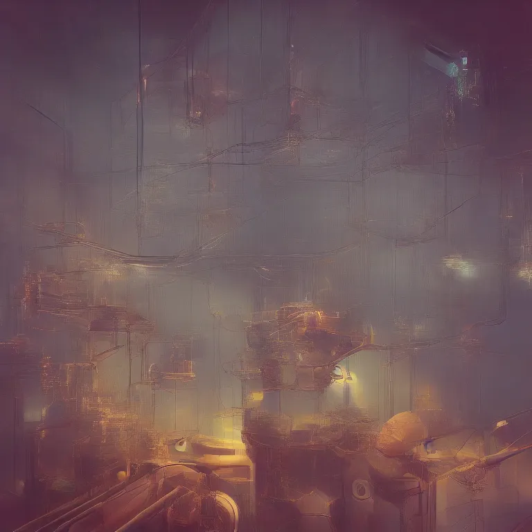 Image similar to the nexus of a vast modern computing center and a mad alchemist\'s lab with exposed circuit boards, nixie tubes and tesla coils. immaculate octane redshift concept art render by Zdzisław Beksiński and beeple, beautiful modern colors, ultradetailed, 4k ultra