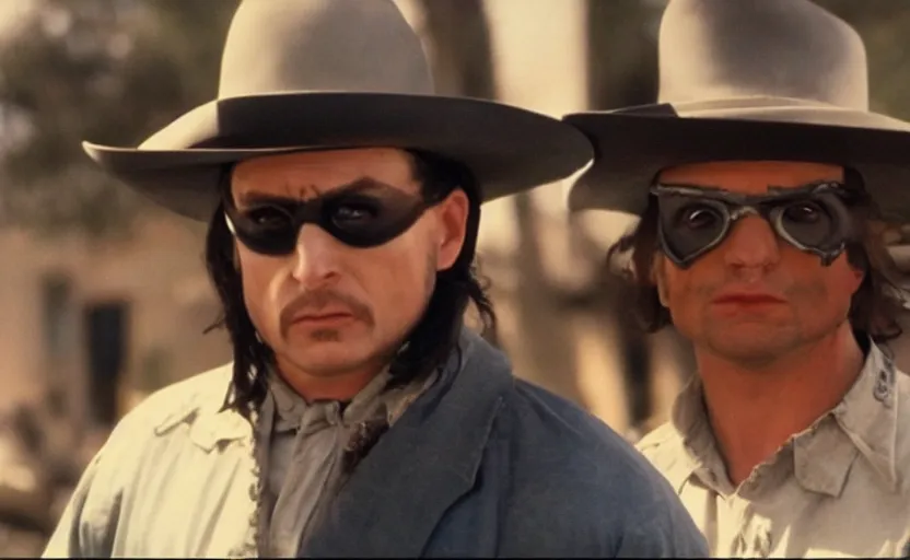 Prompt: screenshot of Tim Robinson wearing the Lone Ranger disguise, 1990s tv show, Walker Texas Ranger cinematography, hyper-detailed, sharp, kodak color, 4k