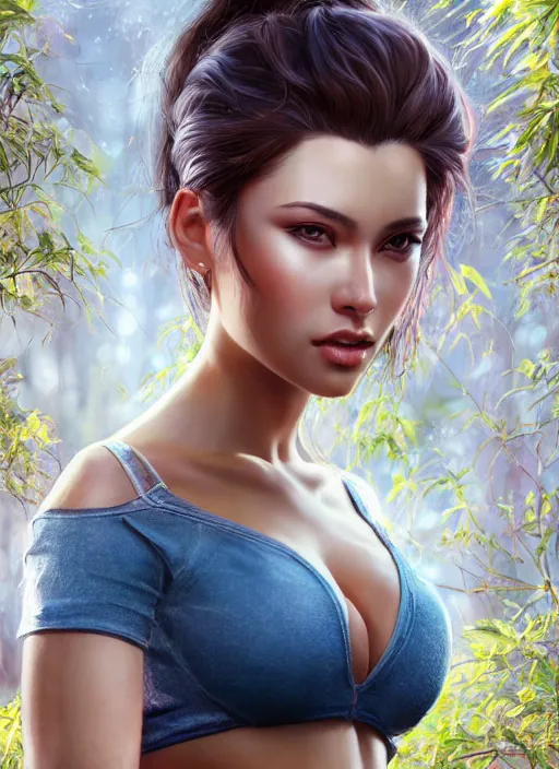 Image similar to photo of a gorgeous female in the style of stefan kostic, realistic, half body shot, sharp focus, 8 k high definition, insanely detailed, intricate, elegant, art by stanley lau and artgerm, extreme bokeh foliage