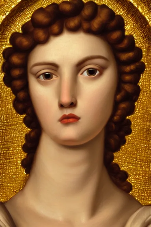 Image similar to Ruth, face closeup, ultra detailed, gold, dressed in roman clothes, ultra detailed, art by Guido Reni style