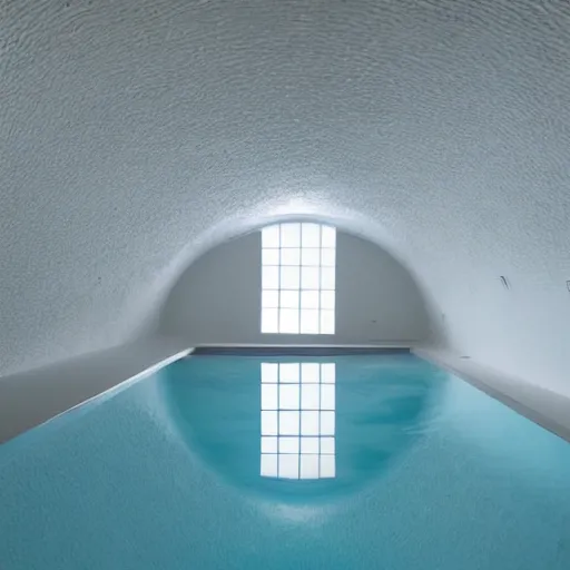 Image similar to an underground pool in an all white room with a low rounded textured ceiling, surreal, liminal, dreamlike, photo, dark, dim lighting