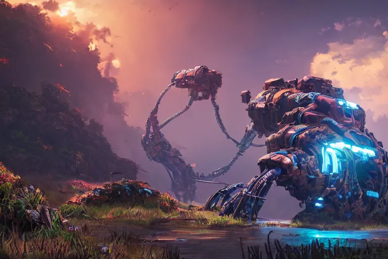 Image similar to clamberjaw machine mecanical creature robot of horizon forbidden west horizon zero dawn bioluminiscence global illumination ray tracing hdr fanart arstation by ian pesty and alena aenami artworks in 4 k