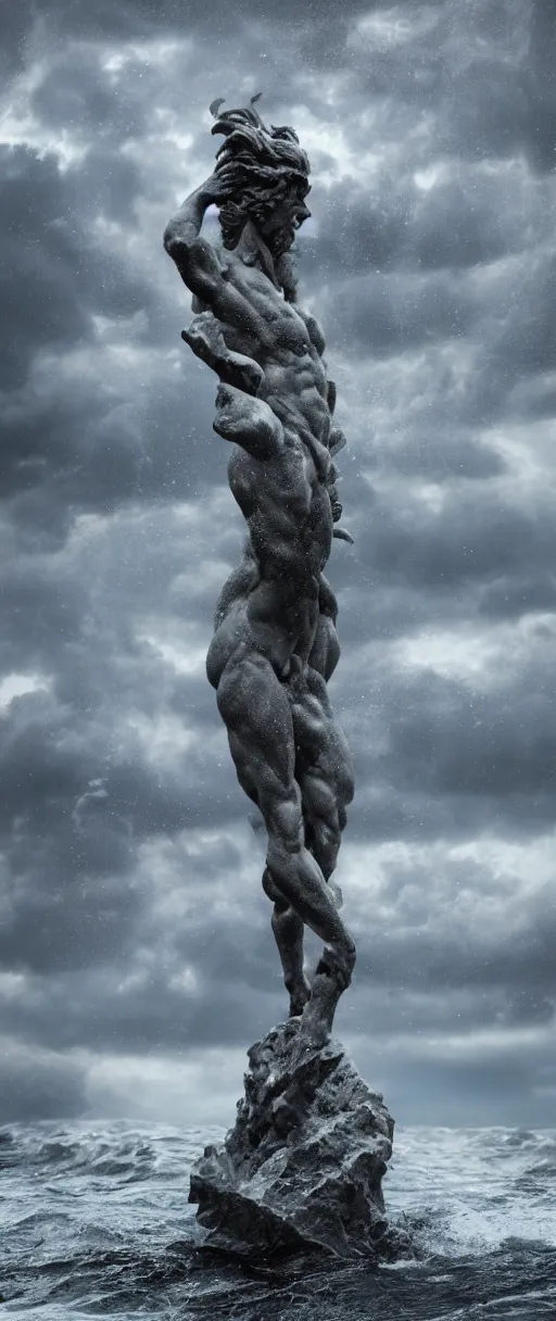 Image similar to stone sculpture of poseidon in the ocean, heavy waves, dark clouds, vivid, atmospheric, rainy, realistic, ultra detail, somber, hd, octane render, featured on artstation