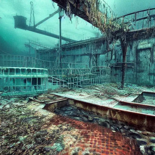 Image similar to abandoned rusty underwater theme park, surreal, horror, eerie, creepy, murky water, underwater, underwater photography,