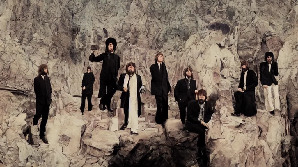 Image similar to the apostles as the beatles on an album cover, film still from the movie directed by Denis Villeneuve with art direction by Salvador Dalí, wide lens