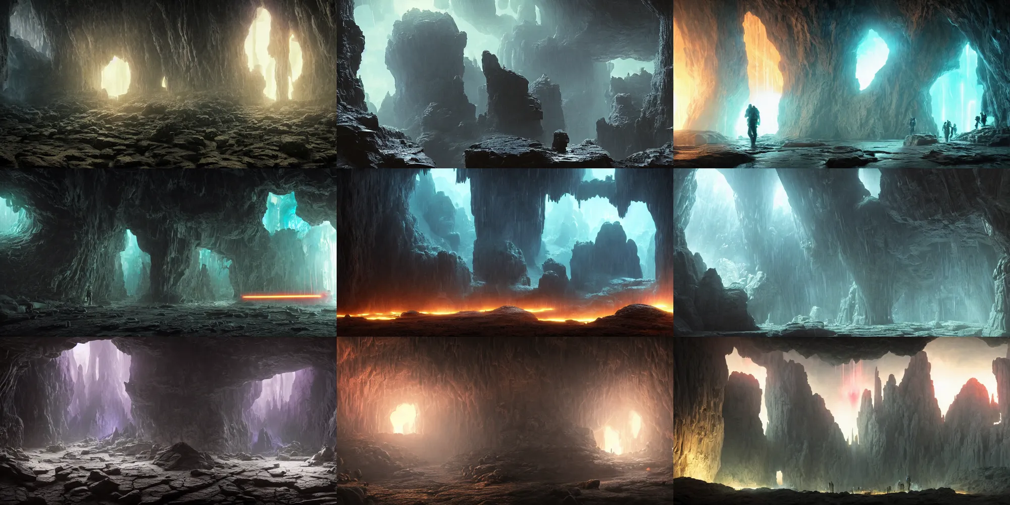 Prompt: an ancient dark portal to another dimension inside a gigantic cavern+global illumination+dystopia+matrix+star wars+blade runner+4k octane render+Utopia+made by SEGA+volumetric light+futurism+4K Full HD+photoreal+photoreal+cinematic+futuristic+sublime atmosphere+imagined by simon bizley+Albert Bierstadt+Herbert James Draper+Arnold Bocklin+Caspar David Friedrich+Sir Lawrence+Alma-Tadema+Karl Heilmayer+JMW Turner+cinematic style