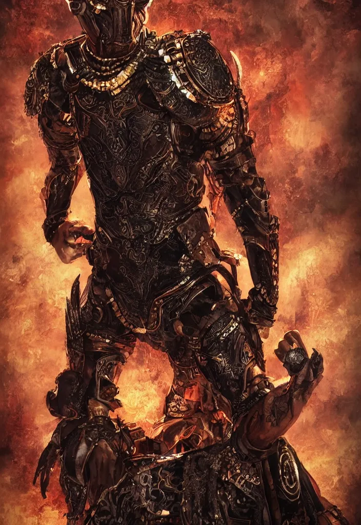 Image similar to a portrait of a wakandan warrior in a steampunk style armor as a demon in a fiery hell, eerie, dark, fantasy, trending on ar, digital art.