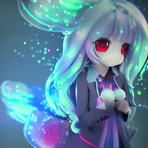 Prompt: cute fumo plush of a girl with a big heart, very long hair, stylized pbr, subsurface scattering, glitter, outline glow, blob anime, bokeh, vray