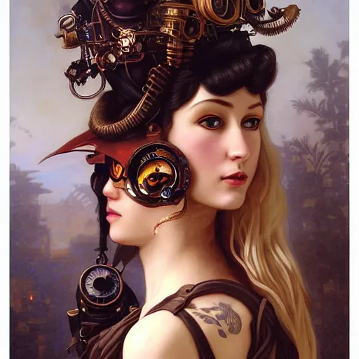 Prompt: a portrait painting of a steampunk fantasy lady, highly detailed, art by tristan eaton and artgerm and william - adolphe bouguereau