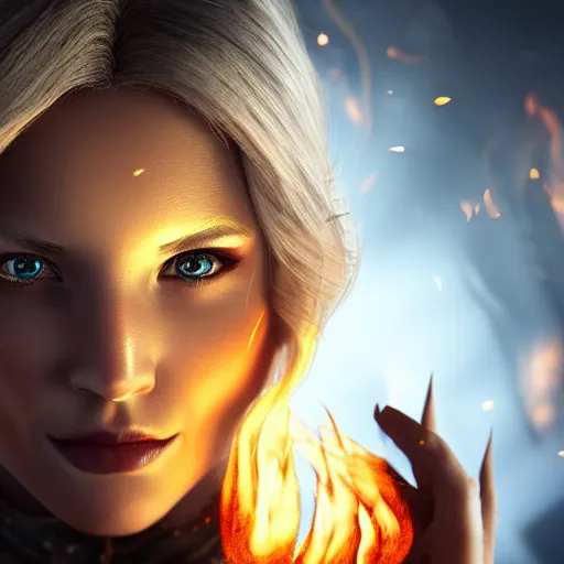 Prompt: during the end of the world beautiful young blonde woman from behind with flames in her hands, high detail, realistic, symmetrical face, art by unreal engine 5 art