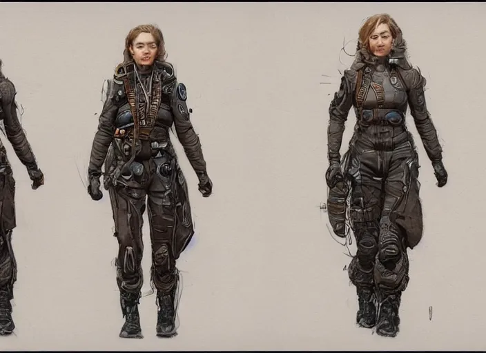 Prompt: front and back character view of a woman in scientist's jacket with a system of straps and pouches for collecting material by Donato Giancola, Trending on artstation and pixiv clean concept art and sheet