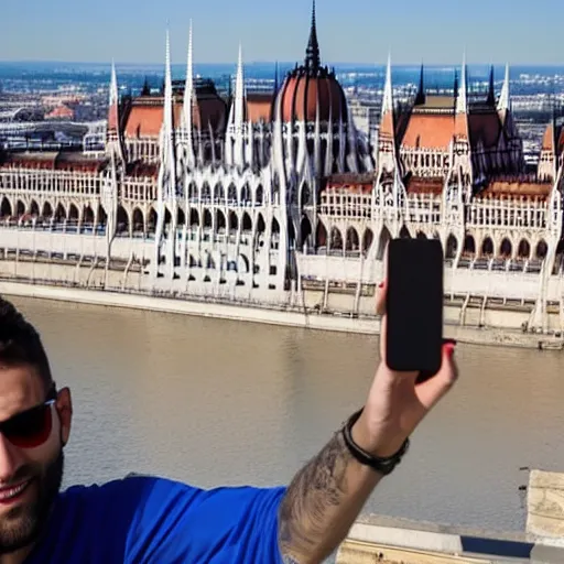 Image similar to Gigachad taking a selfie with the hungarian Parliament, 4k, selfie,