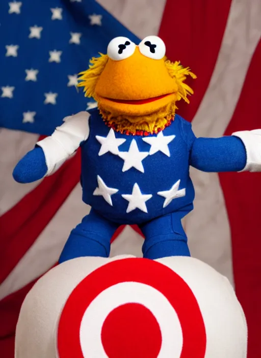 Prompt: studio portrait still of muppet captain america as a muppet muppet as a muppet, 8 k, studio lighting, key light,