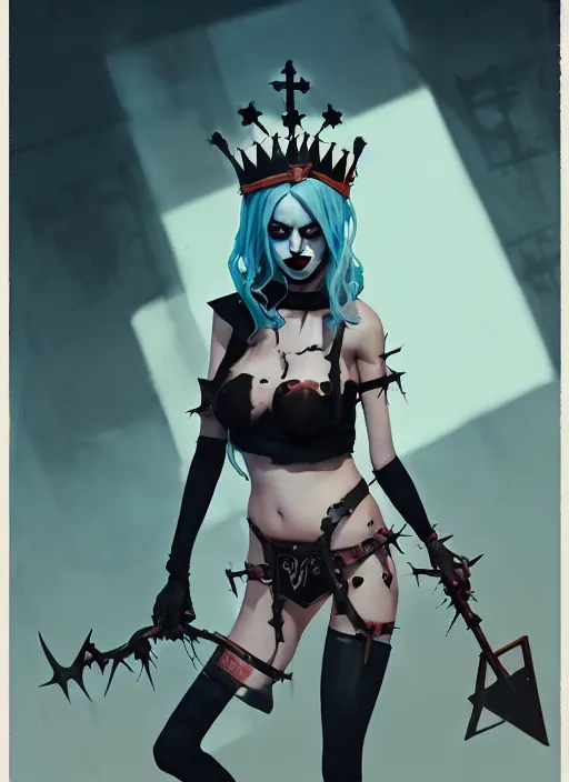 Image similar to portrait of cute goth harley quinn girl with crown of thorns in bikini armor, warhammer, cyberpunk, by atey ghailan, by greg rutkowski, by greg tocchini, by james gilleard, by joe gb fenton, by kaethe butcher, dynamic lighting, gradient light blue, brown, blonde cream and white color in scheme, grunge aesthetic