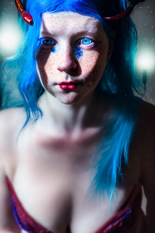 Image similar to close - up portrait of a blue - haired girl with glowing freckles and glowing cherry - colored eyes, fantasy art, victorian era, renaissance painting, realism, antique, epic, realistic, high quality, high resolution, lossless quality, lossless quality, 8 k, hdr, 4 k, 8 k resolution, 1 6 k resolution, 8 k quality