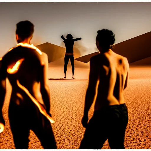 Image similar to photograph of three ravers, two men, one fully clothed woman, photographed from behind, talking around a fire, photorealistic, dancefloor kismet, diverse costumes, clean composition, desert transition area, bonfire, night, australian desert, xf iq 4, symmetry, sony a 7 r, 1 5 0 mp, 5 0 mm