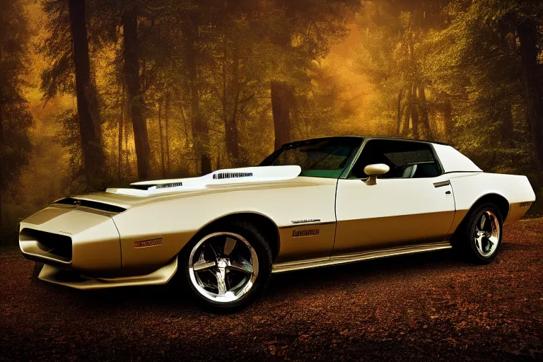 Image similar to pontiac firebird with angelic wings attached to sides of the roof, dramatic, cinematic, forest, volumetric lighting