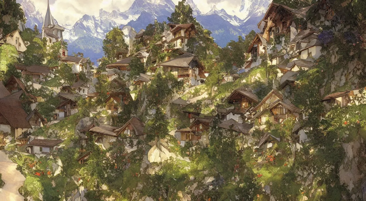 Prompt: A beautiful landscape painting of a small swiss mountain village by Alfons Maria Mucha and Julie Dillon and Makoto Shinkai