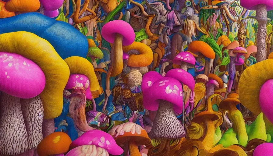 Prompt: 3 d natural amazonian psychedelic harvested wild mushrooms by kaws, james jean and salvador dali and shusei nagaoka, textured oil on canvas, surrealism, neoclassicism, renaissance, depth of field, hyper realistic, cell shaded, metallic reflections, physically based rendering, 8 k