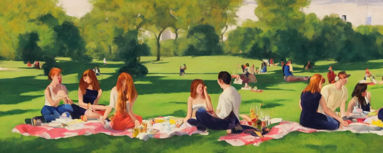 Image similar to a young generation z group of friends having a picnic in a central park manhattan new york on friday mid - summer of 2 0 2 2, in the style of an edward hopper painting