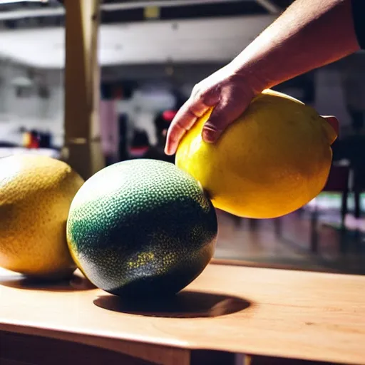 Image similar to a lemon next to a bowling ball