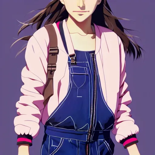 Prompt: a beautiful! boyish! natalie portman alluring gravure! model, wearing oversized mayan bomber jacket and leotard with overalls, bulky poofy bomber jacket with mayan patterns, aztec street fashion, gapmoe yandere grimdark, trending on pixiv, painted by greg rutkowski makoto shinkai takashi takeuchi studio ghibli