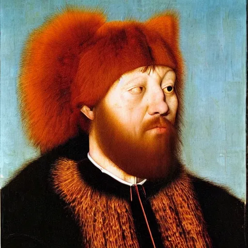 Prompt: portrait of a king with an orange cats head for a head, oil painting by jan van eyck, northern renaissance art, oil on canvas, wet - on - wet technique, realistic, expressive emotions, intricate textures, illusionistic detail