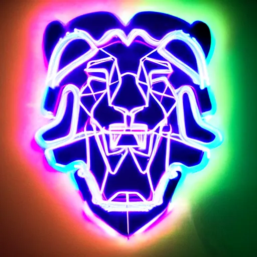 Prompt: cybernetic organism lion with blue neon light and smoke and purple lighting