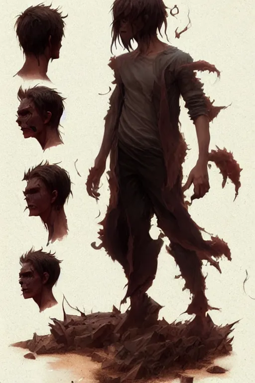 Image similar to cursed demon possessing an australian boy with brown hair design, character sheet, brown hair, hair is a little longer than normal, greg rutkowski, zabrocki, karlkka, jayison devadas, trending on artstation, 8 k, ultra wide angle, zenith view, pincushion lens effect