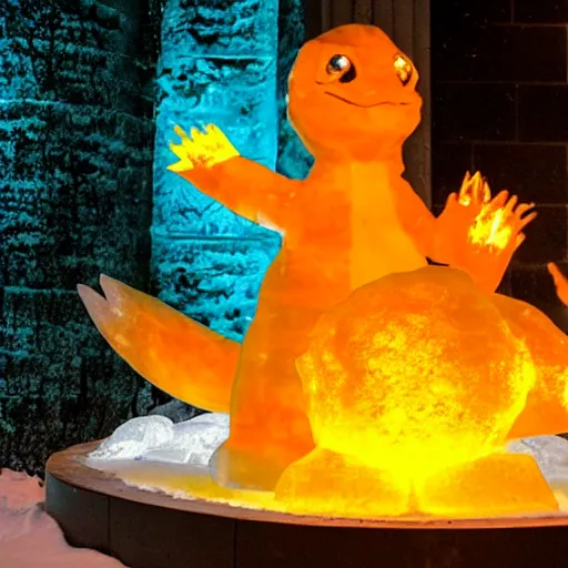 Prompt: ice sculpture of charmander, photography