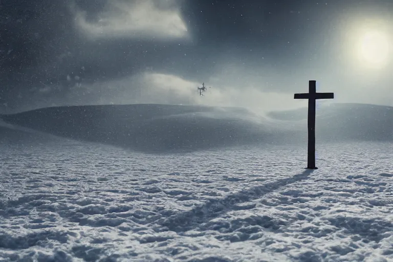Image similar to a cross on a snow covered field, landscape inspired by salvador dali, a matte painting by li shida, cgsociety, context art, redshift, matte painting, reimagined by industrial light and magic