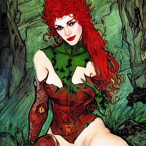 Prompt: a beautiful painting mary jane watson dressed as poison ivy, leather armored, dark eyeliner, intricate, elegant, highly detailed, digital painting, artstation, concept art, matte, sharp focus, illustration, art byby rebecca guay and by arthur rackham and by alphonse mucha and by john william waterhouse, comic book style!!