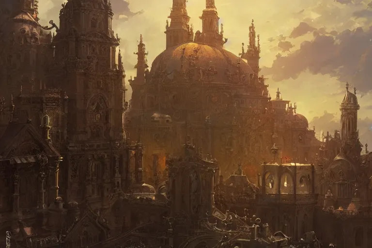 Image similar to an ornate baroque church with tank chains, mortal engines, scene in an open field. key visual, conceptart, ambient lighting, highly detailed, digital painting, artstation, concept art, sharp focus, by makoto shinkai and akihiko yoshida and greg manchess
