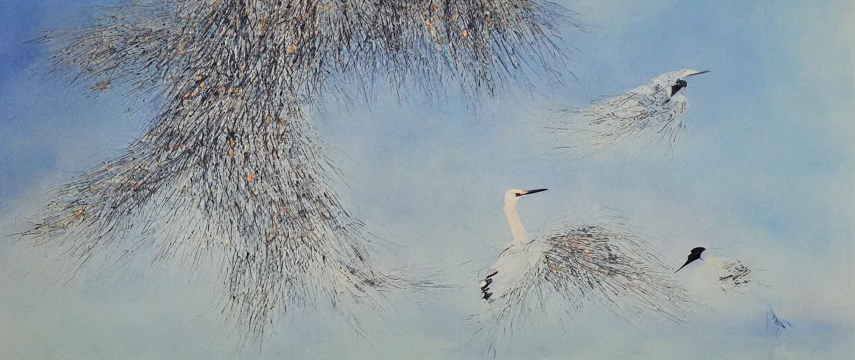 Prompt: two orioles chirp in the green willow trees ; a file of egrets take to the sky blue. my window holds the age - old snowed west ridge ; near my gate moor the ships from faraway state wu. epic, highly detailed, oil painting, by zao wou - ki